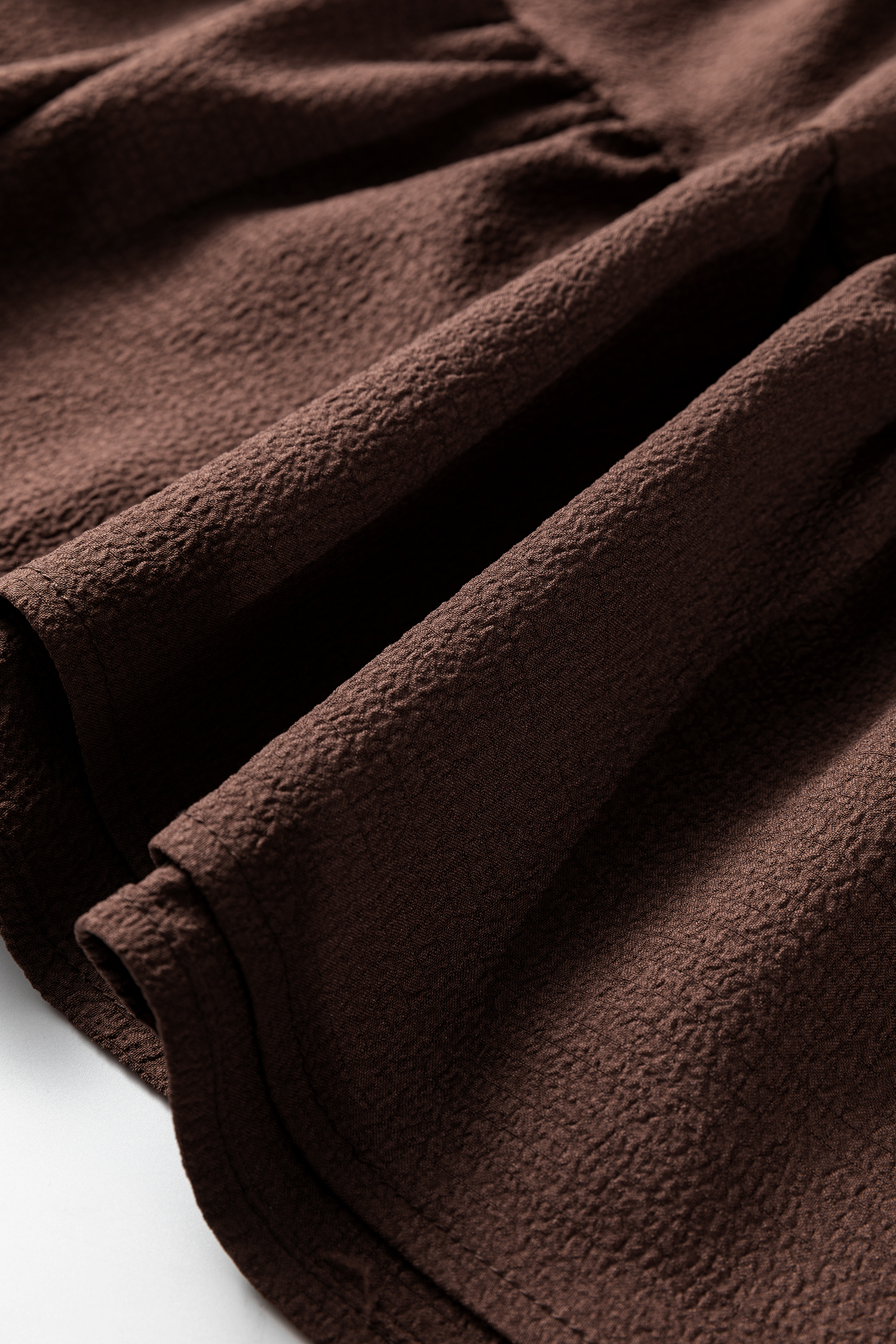 Plus Size Coffee  Frilled Trim V Neck Puff Sleeve Textured Mini Dress