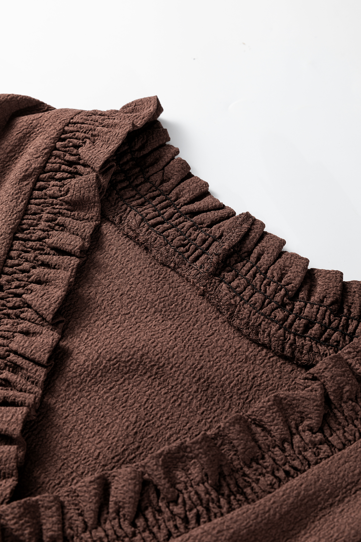 Plus Size Coffee  Frilled Trim V Neck Puff Sleeve Textured Mini Dress