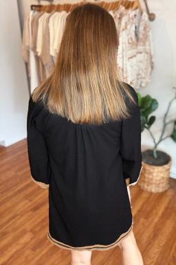 Plus Size Black  Color Block Striped Trim V Neck Long Sleeve Shift Mini Dress