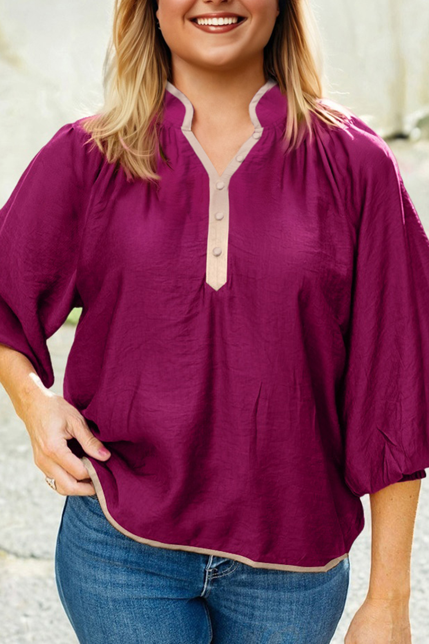 Plus Size Wild Ginger  Contrast Trim Button V Neck Puffy Bracelet Sleeve Blouse