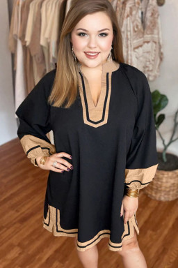 Plus Size Black  Color Block Striped Trim V Neck Long Sleeve Shift Mini Dress