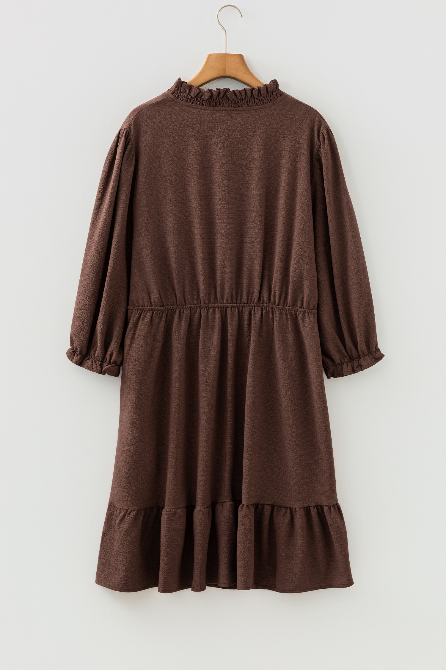 Plus Size Coffee  Frilled Trim V Neck Puff Sleeve Textured Mini Dress