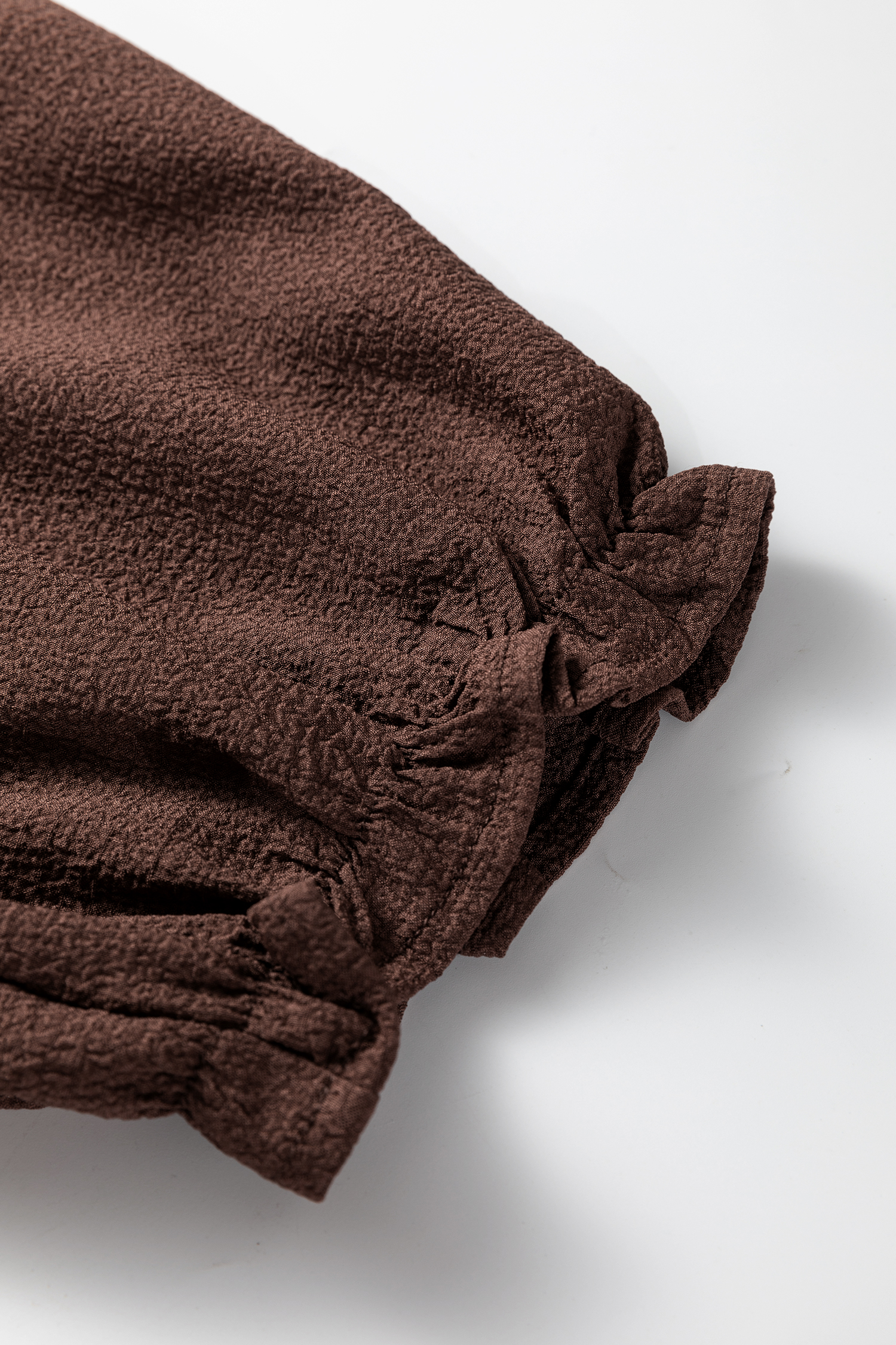 Plus Size Coffee  Frilled Trim V Neck Puff Sleeve Textured Mini Dress