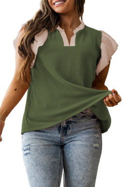 Plus Size Vineyard Green  Contrast Frilled Neckline Ruffled Short Sleeve Ribbed Textured Blouse