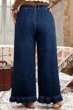 Plus Size Dirty blue  Elastic Waist Ruffled Wide Leg Denim Pants