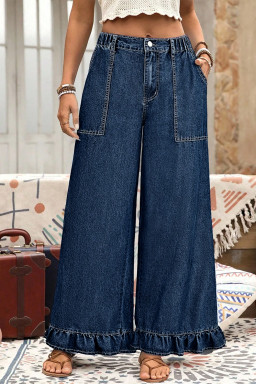 Plus Size Dirty blue  Elastic Waist Ruffled Wide Leg Denim Pants