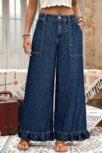 Plus Size Dirty blue  Elastic Waist Ruffled Wide Leg Denim Pants