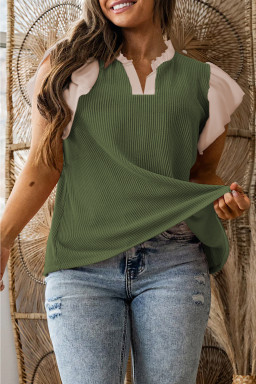 Plus Size Vineyard Green  Contrast Frilled Neckline Ruffled Short Sleeve Ribbed Textured Blouse