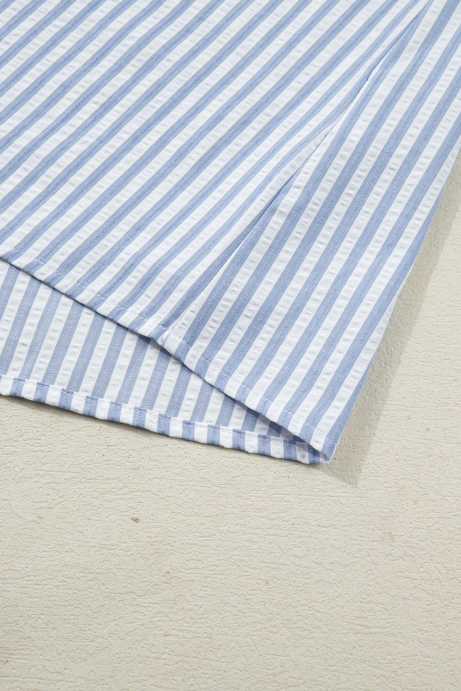 Plus Size Sky Blue Stripe  Leopard Patchwork Collar Short Bubble Sleeve Blouse