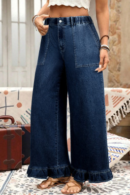Plus Size Dirty blue  Elastic Waist Ruffled Wide Leg Denim Pants