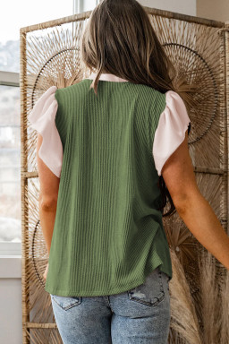 Plus Size Vineyard Green  Contrast Frilled Neckline Ruffled Short Sleeve Ribbed Textured Blouse