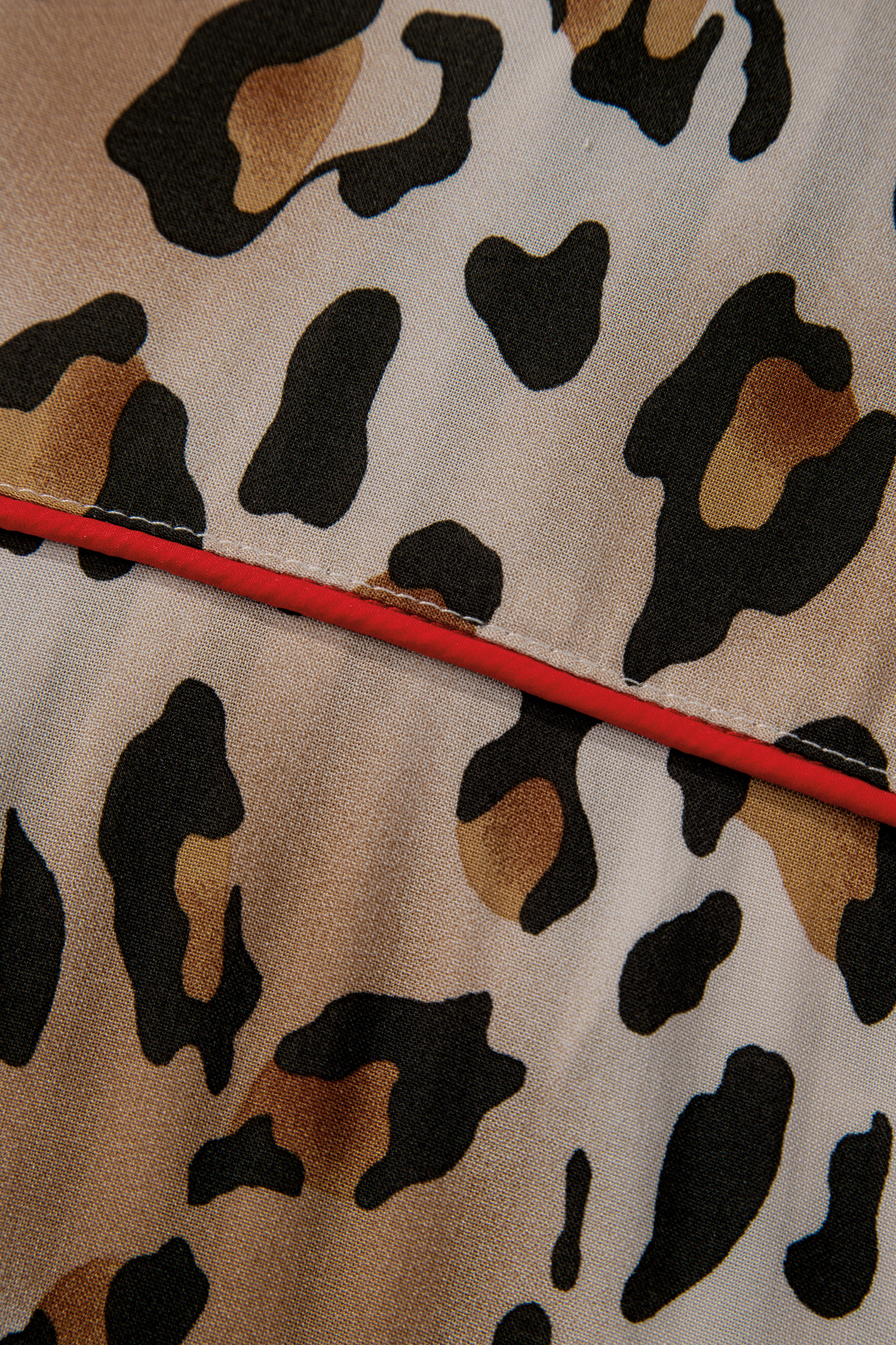 Khaki Plus Leopard Print Contrast Piping Striped Patchwork 2pcs Long Pajama Set