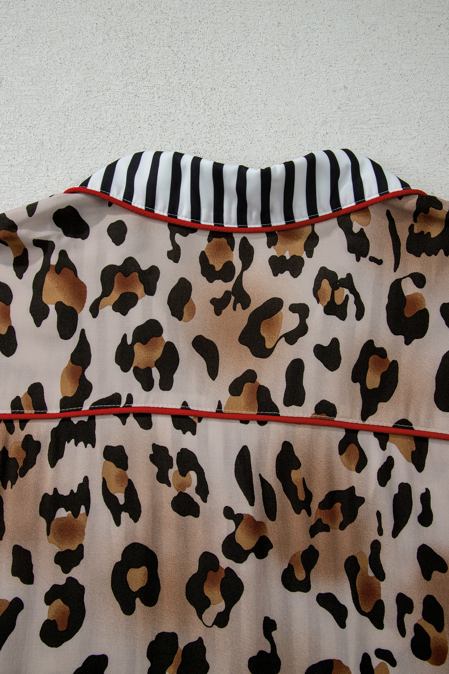 Khaki Plus Leopard Print Contrast Piping Striped Patchwork 2pcs Long Pajama Set