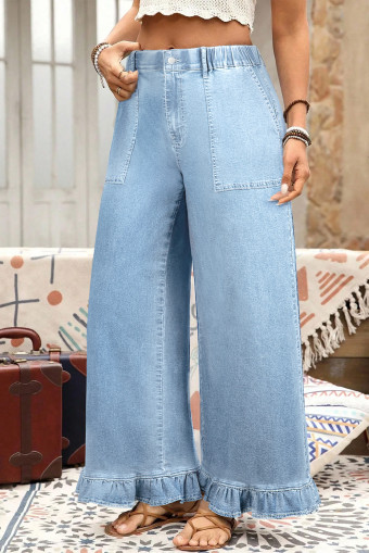 Plus Size Beau Blue  Elastic Waist Ruffled Wide Leg Denim Pants