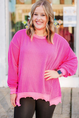 Plus Size Rose Red Drop Shoulder Uneven Hem  Twisted Rib Top