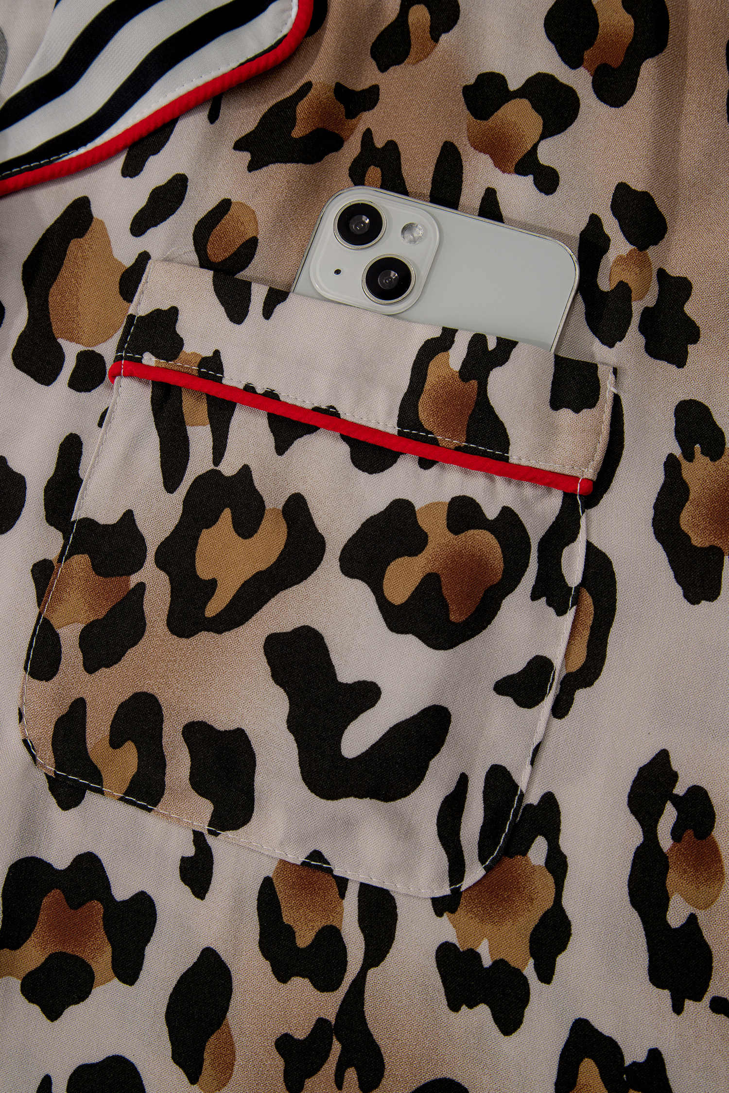 Khaki Plus Leopard Print Contrast Piping Striped Patchwork 2pcs Long Pajama Set