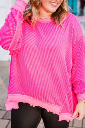 Plus Size Rose Red Drop Shoulder Uneven Hem  Twisted Rib Top