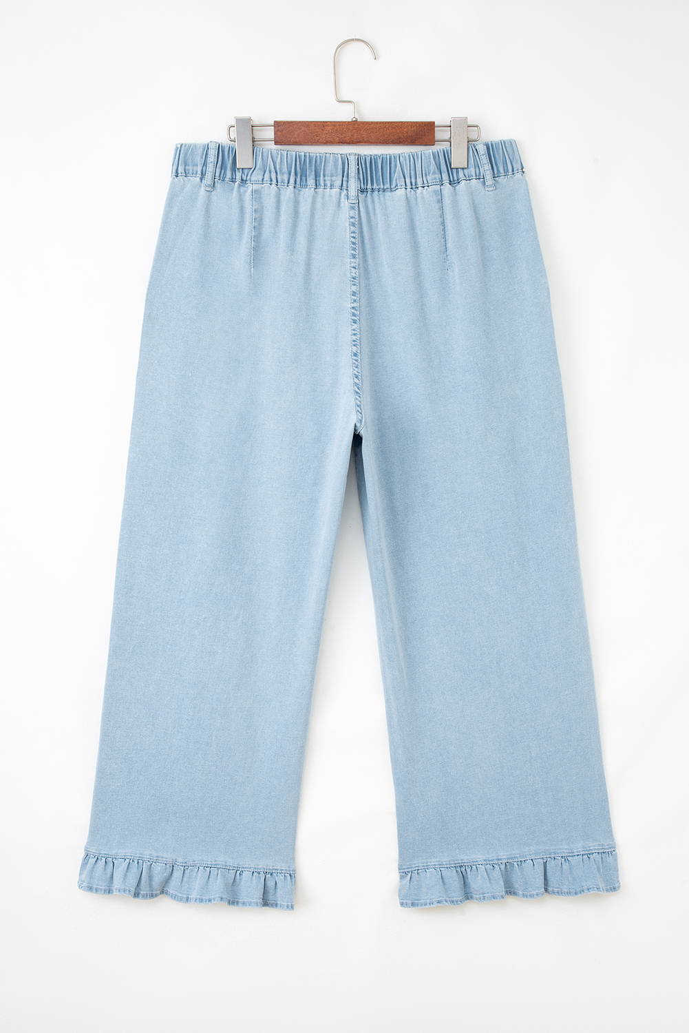 Plus Size Beau Blue  Elastic Waist Ruffled Wide Leg Denim Pants