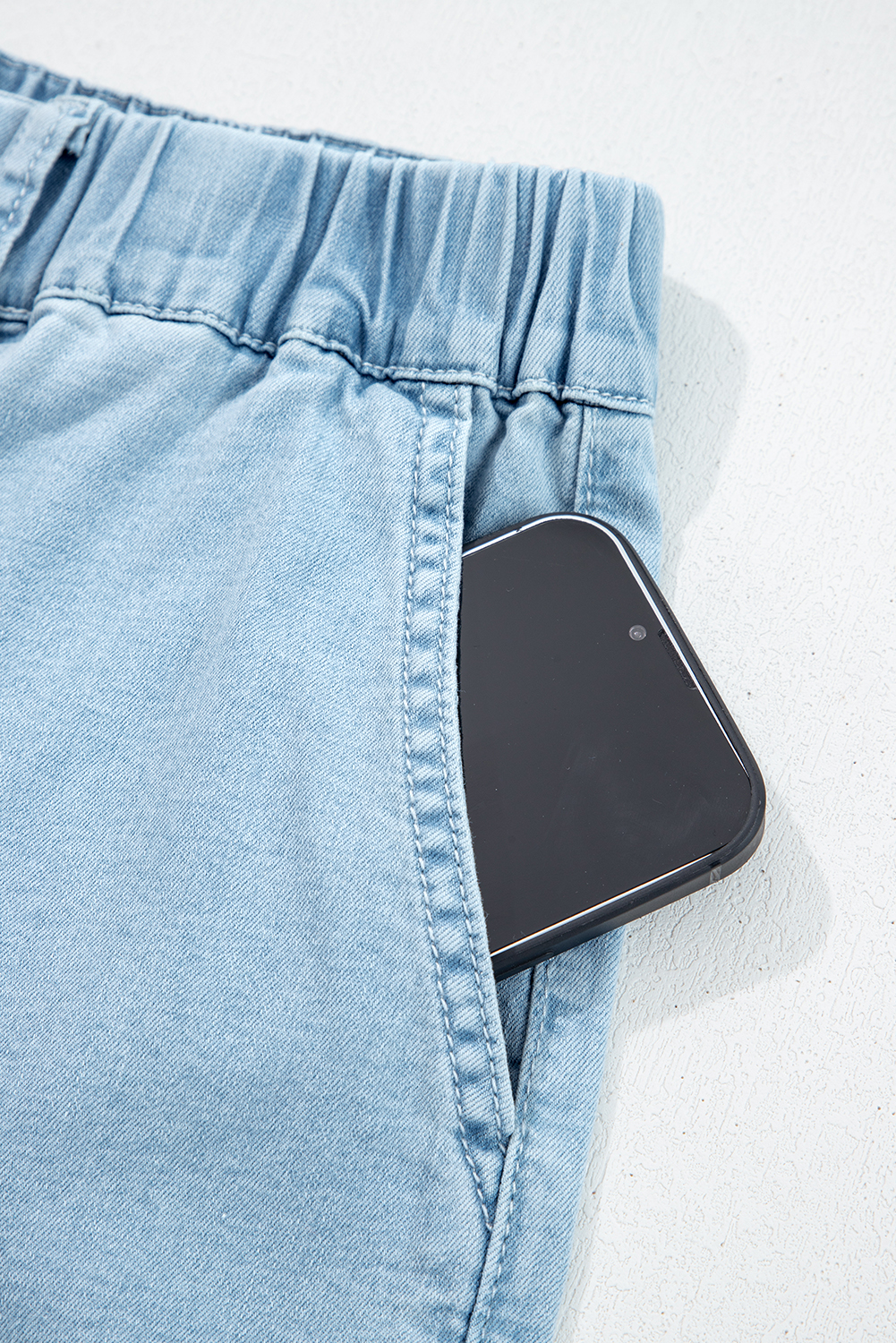 Plus Size Beau Blue  Elastic Waist Ruffled Wide Leg Denim Pants