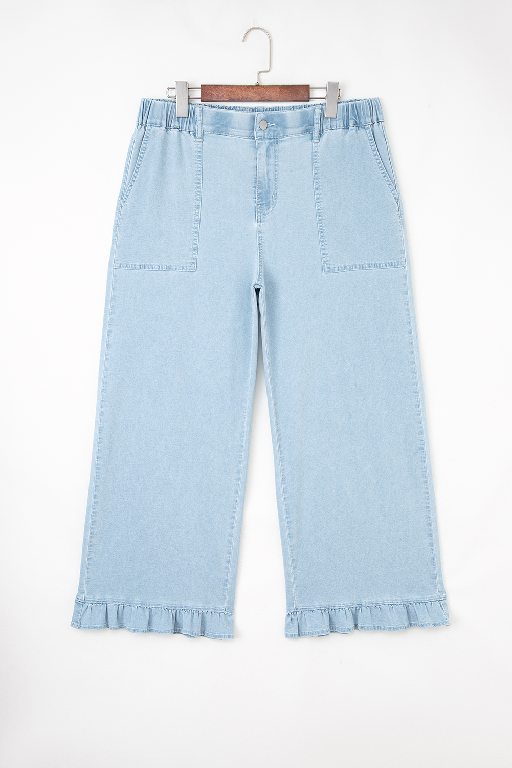 Plus Size Beau Blue  Elastic Waist Ruffled Wide Leg Denim Pants