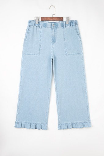 Plus Size Beau Blue  Elastic Waist Ruffled Wide Leg Denim Pants