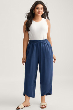 Plus Size Sail Blue  Elastic Waist Asymmetrical Hem Loose Capris Pants