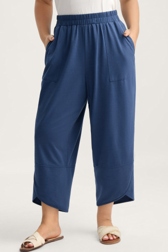 Plus Size Sail Blue  Elastic Waist Asymmetrical Hem Loose Capris Pants