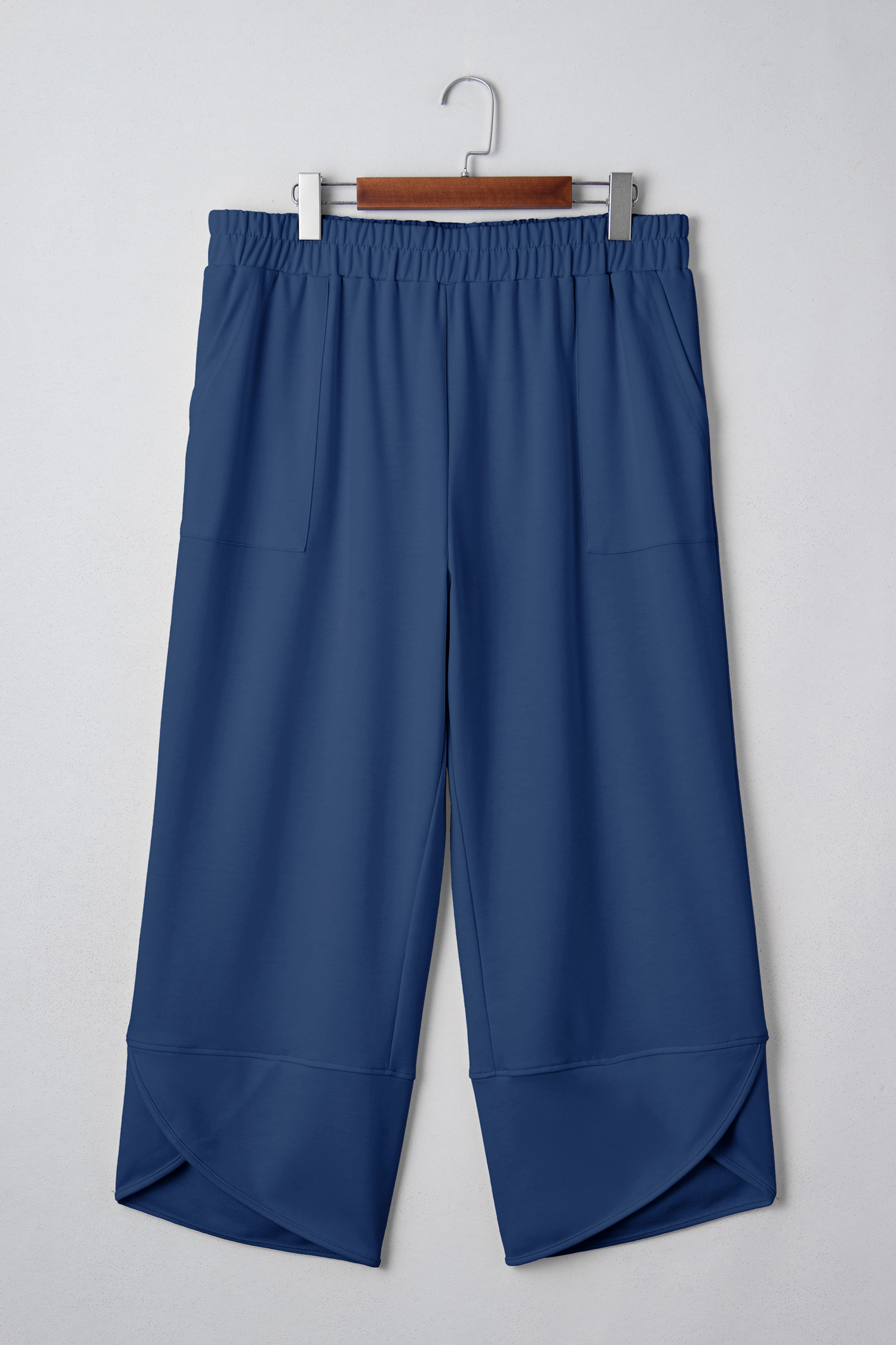 Plus Size Sail Blue  Elastic Waist Asymmetrical Hem Loose Capris Pants