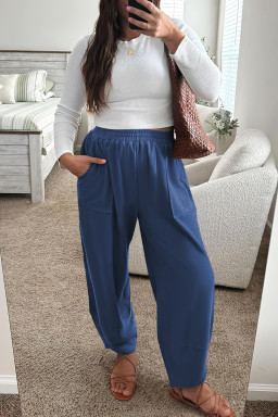Plus Size Sail Blue  Elastic Waist Asymmetrical Hem Loose Capris Pants