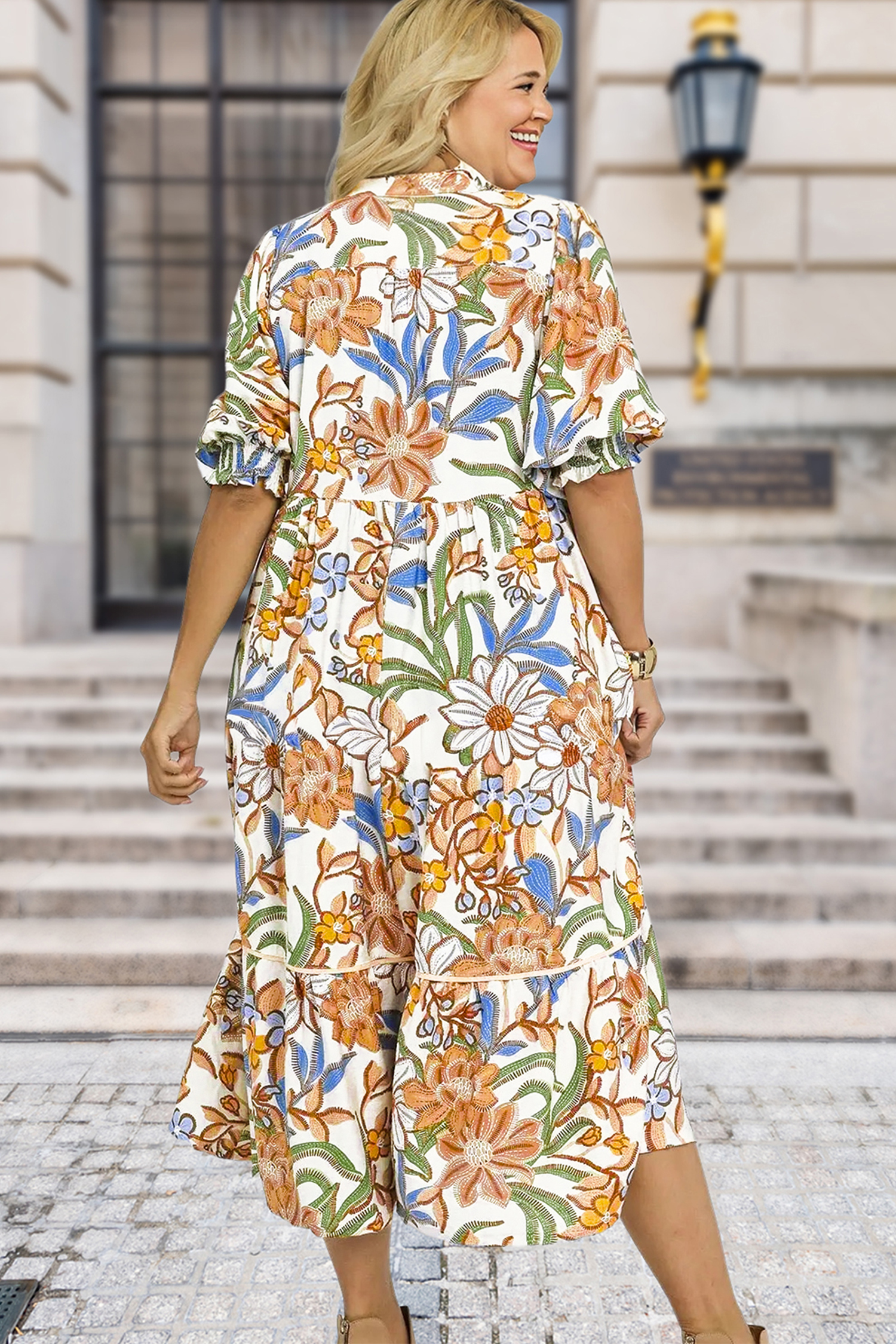 Plus Size Khaki Floral Print 3/4 Sleeves Tiered  Long Dress