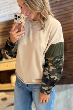 Plus Size Apricot Camo Print Patchwork Sleeve Raw Hem  Sweatshirt