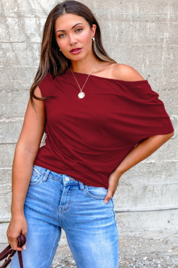 Plus Size Burgundy  Solid Color Asymmetric Neck Short Sleeve Blouse