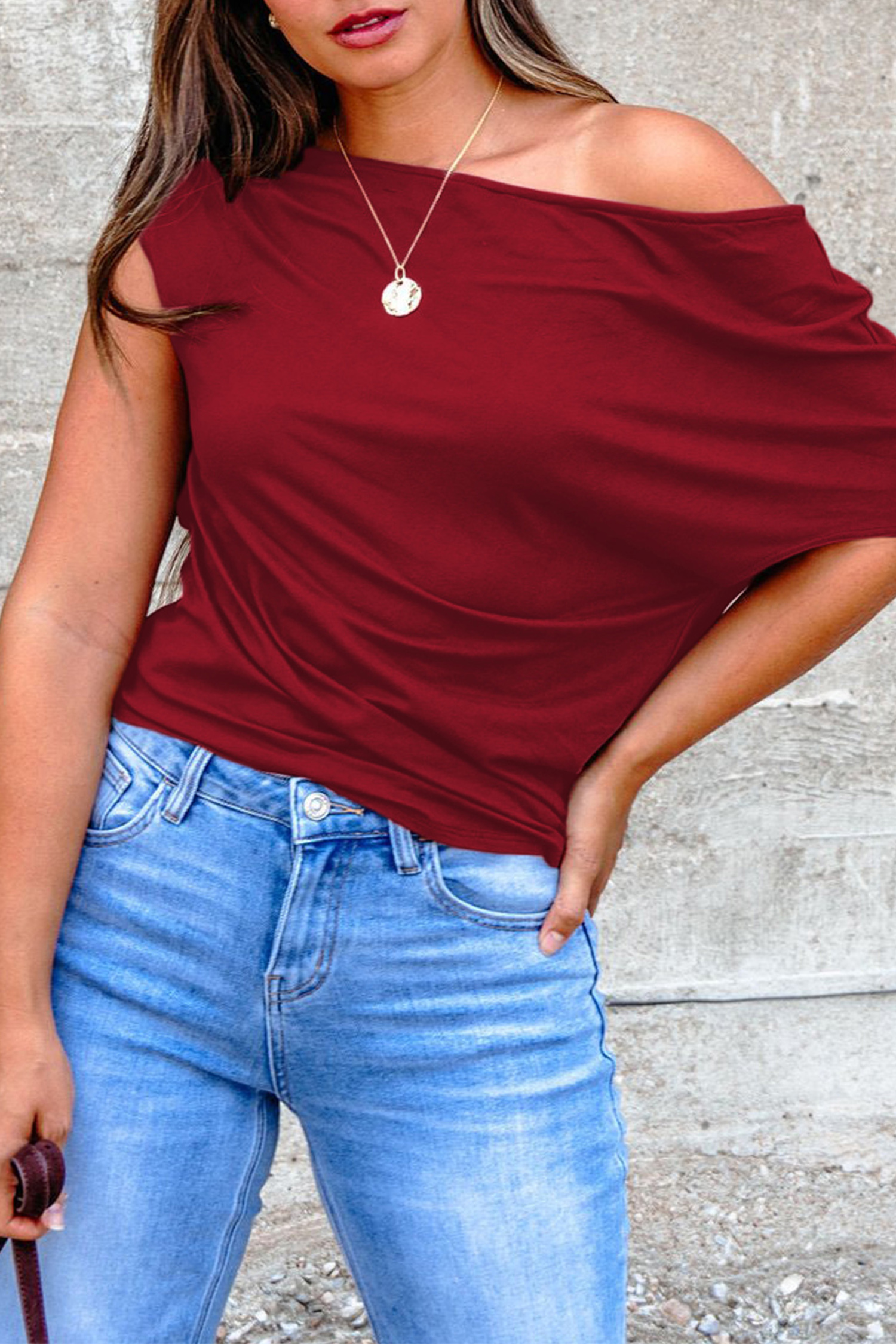 Plus Size Burgundy  Solid Color Asymmetric Neck Short Sleeve Blouse