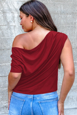 Plus Size Burgundy  Solid Color Asymmetric Neck Short Sleeve Blouse