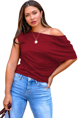Plus Size Burgundy  Solid Color Asymmetric Neck Short Sleeve Blouse