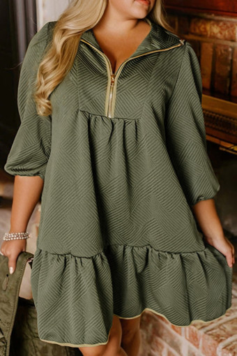 Plus Size Jungle Green  Textured Contrast Trim Quarter Zip Bracelet Sleeve Mini Dress