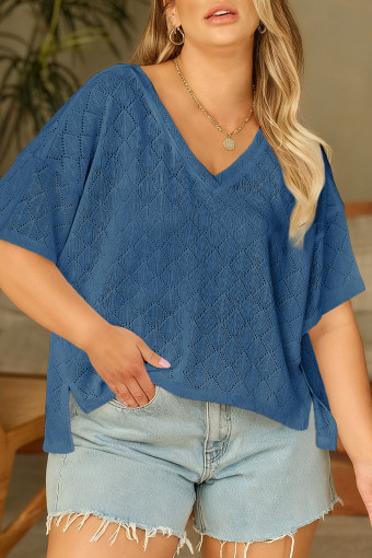 Plus Size Sky Blue Pointelle Rhombus Knit  V Neck Loose Top