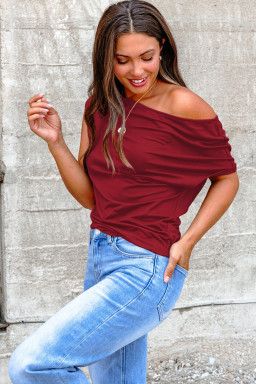 Plus Size Burgundy  Solid Color Asymmetric Neck Short Sleeve Blouse