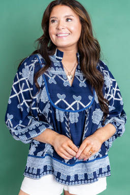 Plus Size Blue  Floral Printed Notched Neck Long Sleeve Blouse