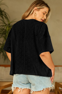 Plus Size Black Pointelle Rhombus Knit  V Neck Loose Top