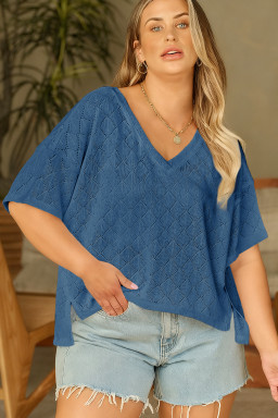Plus Size Sky Blue Pointelle Rhombus Knit  V Neck Loose Top