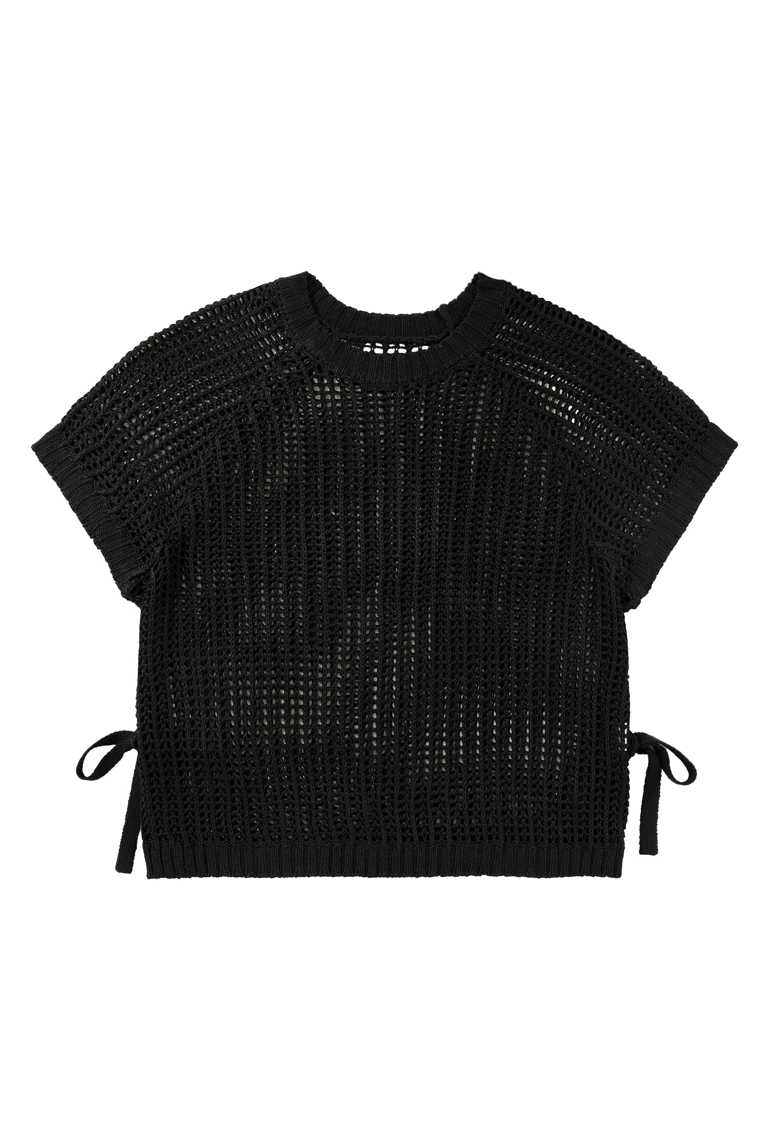 Plus Size Black  Open Knit Bow Tie Short Sleeve Sweater