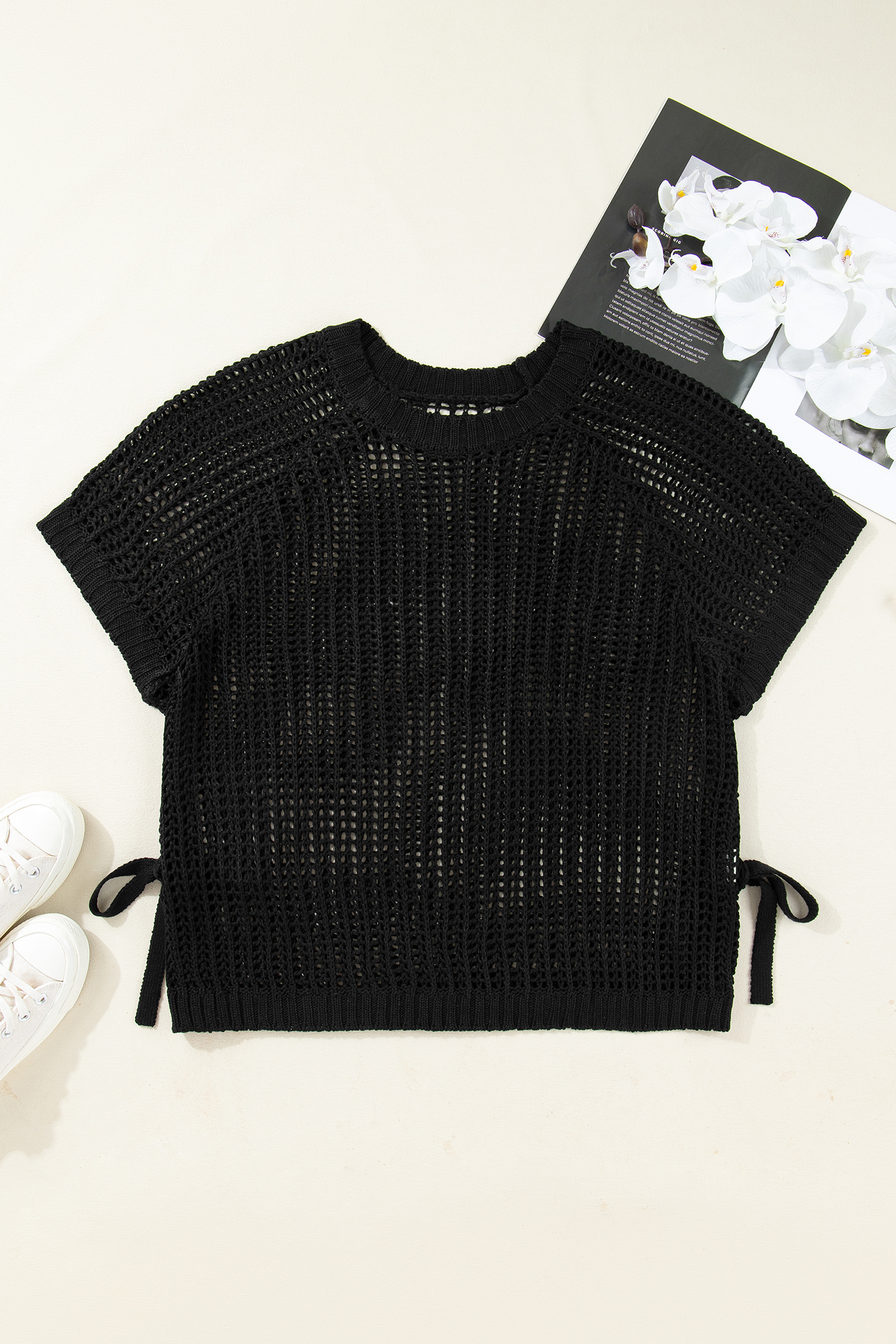 Plus Size Black  Open Knit Bow Tie Short Sleeve Sweater