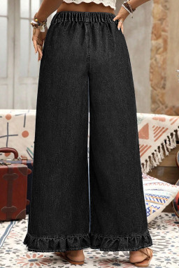Plus Size Black  Elastic Waist Ruffled Wide Leg Denim Pants