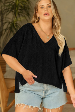 Plus Size Black Pointelle Rhombus Knit  V Neck Loose Top