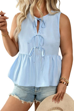 Plus Size Beau Blue  Solid Color Bow Tie Peplum Tank Top