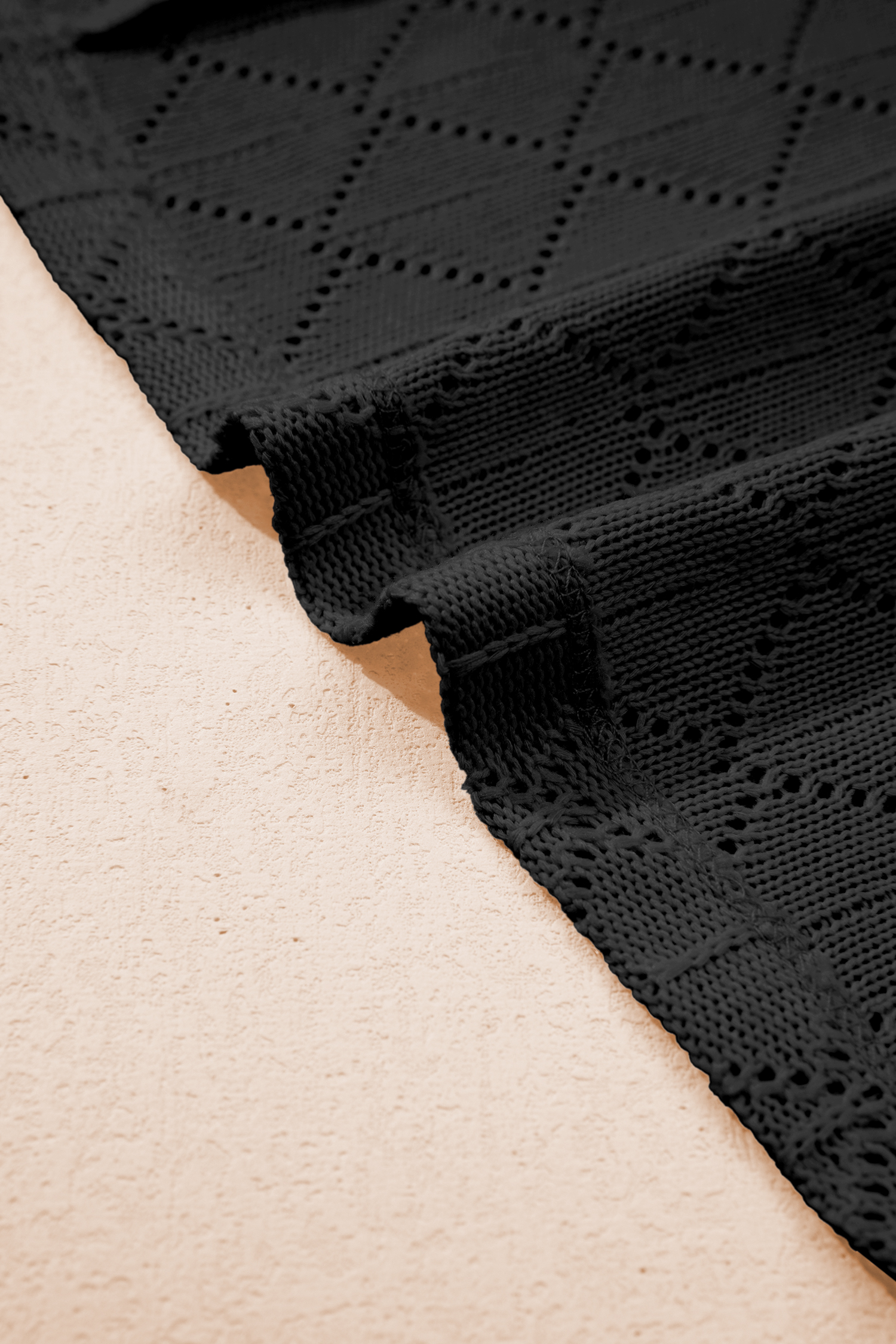 Plus Size Black Pointelle Rhombus Knit  V Neck Loose Top