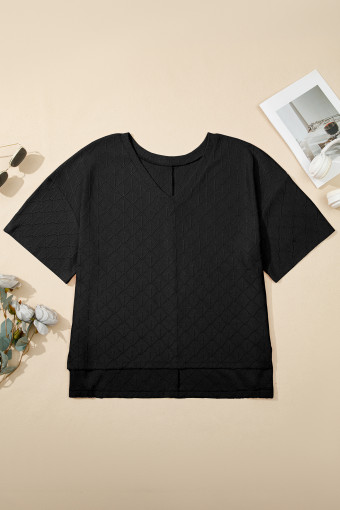 Plus Size Black Pointelle Rhombus Knit  V Neck Loose Top