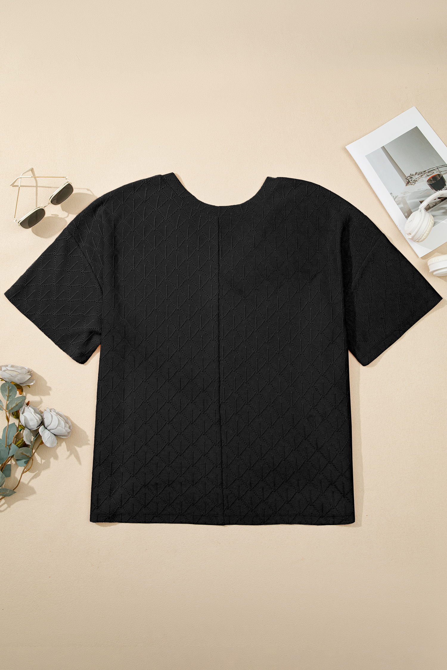 Plus Size Black Pointelle Rhombus Knit  V Neck Loose Top