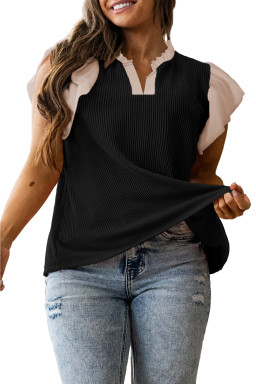 Plus Size Black  Contrast Frilled Neckline Ruffled Short Sleeve Ribbed Textured Blouse